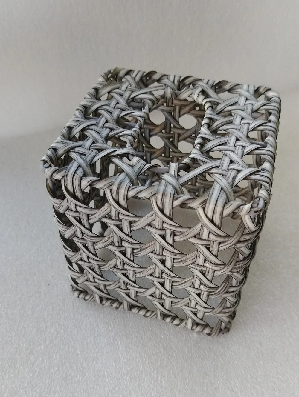 Vintage faux-wicker vinyl and wire cube tissue box